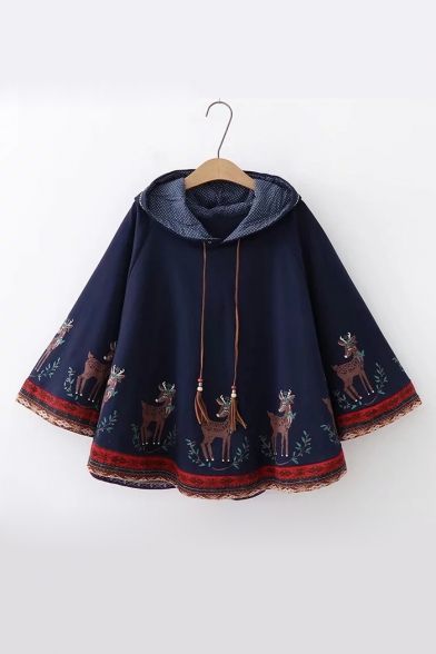 

Cute Deer Print Contrast Trim Pullover Hooded Cape, White;gray;navy, LC487175