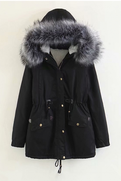 Faux Fur Trim Hood Plain Long Sleeve Zip Up Drawstring Waist Hooded Coat