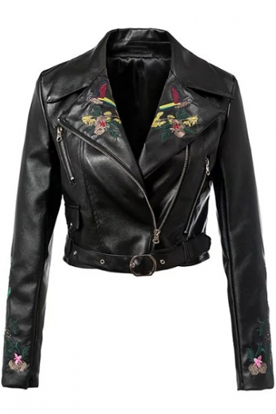 Floral Bird Embroidered Notched Lapel Collar Long Sleeve Offset Zip Closure Cropped Leather Jacket