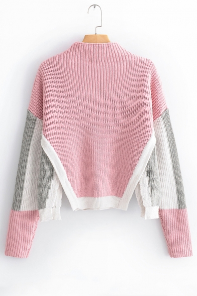 High Collar Color Block Long Sleeve Split Hem Pullover Sweater