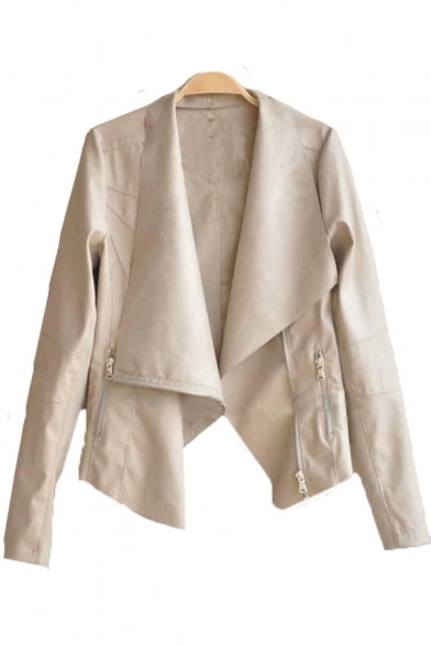 

Lapel Collar Long Sleeve Plain Offset Zip Closure Asymmetric PU Jacket, White;apricot, LC487832