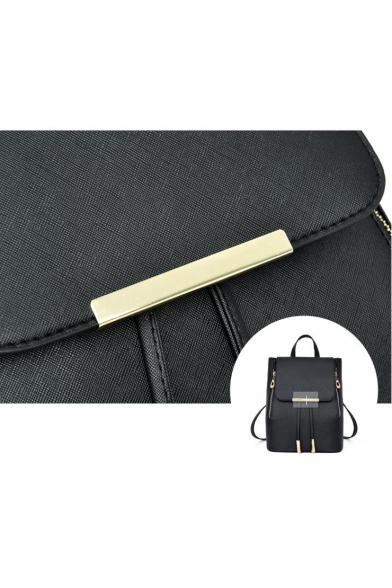 Leather Metal Embellished Drawstring Fastening Plain Backpack School Bag