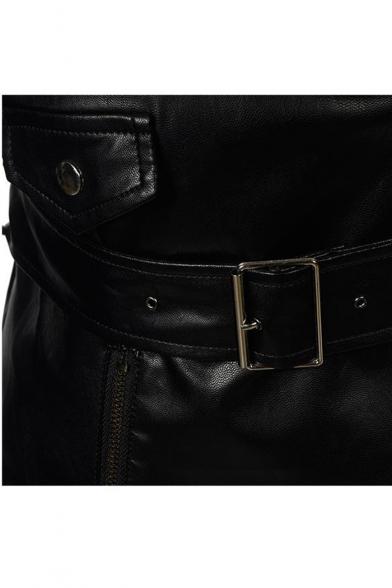 Notched Lapel Collar Long Sleeve Offset Zip Closure Mesh Patchwork Hem Slim Leather Jacket