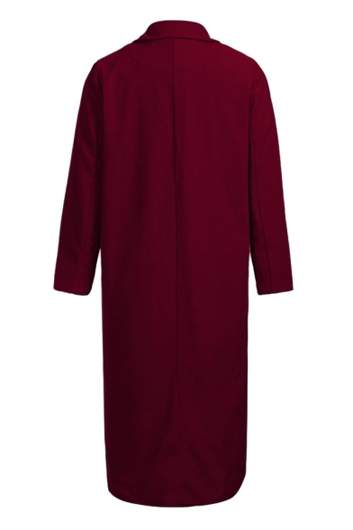 Notched Lapel Collar Long Sleeve Plain Tunic Woolen Coat for Woman