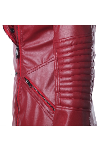 Quilted Stand Collar Long Sleeve Plain Offset Zipper Front Slim Leather Jacket
