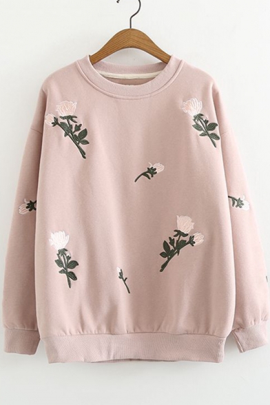 Round Neck Floral Embroidered Long Sleeve Leisure Sweatshirt