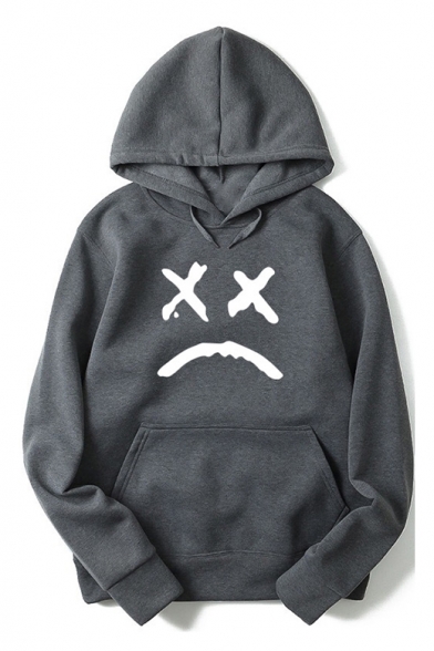 Sad Face Letter Print Long Sleeve Loose Hoodie with Pocket