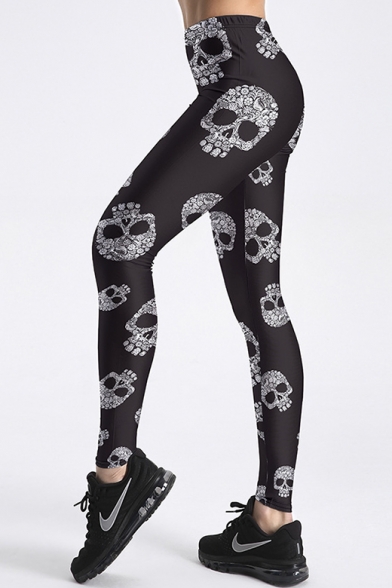 Skull All Over Print Elastic Waist Skinny Yoga Leggings