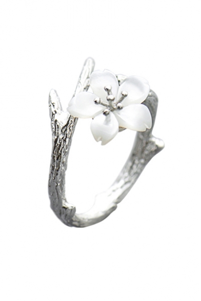 Sliver Branch Pattern Floral Embellished Open Front Ring for Woman