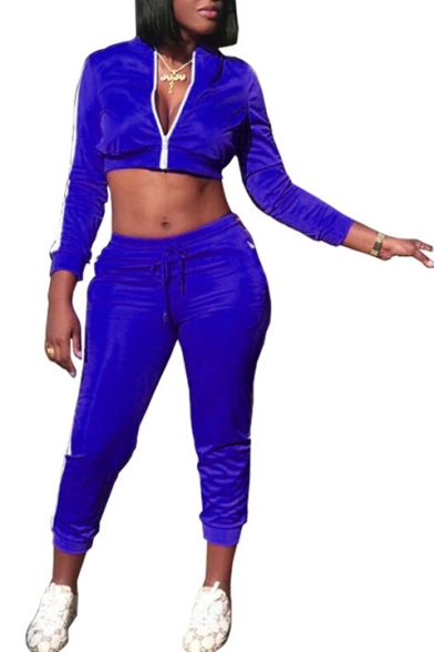 Stand Collar Zip Up Long Sleeve Cropped Jacket with Drawstring Waist Slim Pants Co-ords