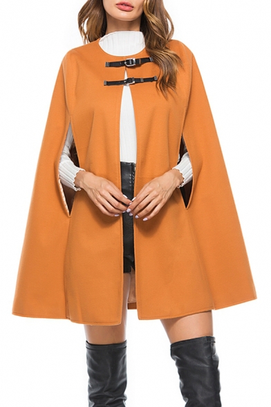 Winter's New Arrival Round Neck Buckle Embellished Neck Chocolate Poncho Coat