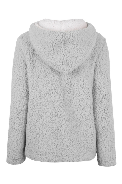 Zipper Front High Collar Long Sleeve Plain Faux Fur Sweatshirt
