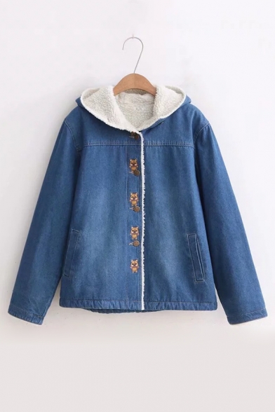 Bear Embroidered Button Placket Long Sleeve Sherpa Denim Hooded Coat