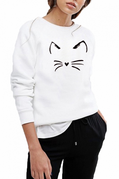Casual Heart Cat Pattern Round Neck Long Sleeve Pullover Sweatshirt