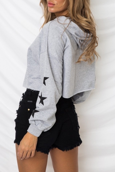 Casual Star Print Long Sleeve Chic Cropped Hoodie