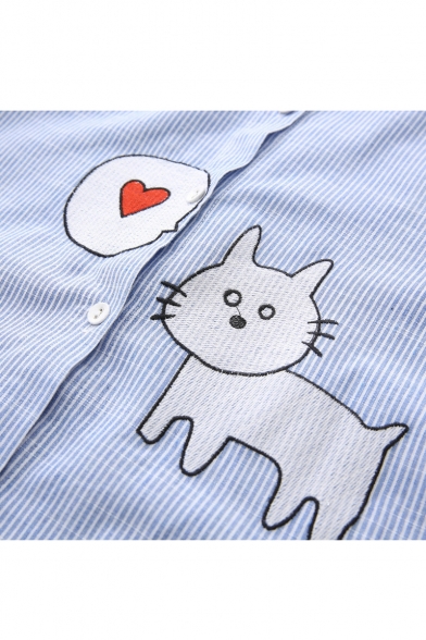 Cat Fish Embroidered Striped Lapel Collar Button Closure Long Sleeve Shirt