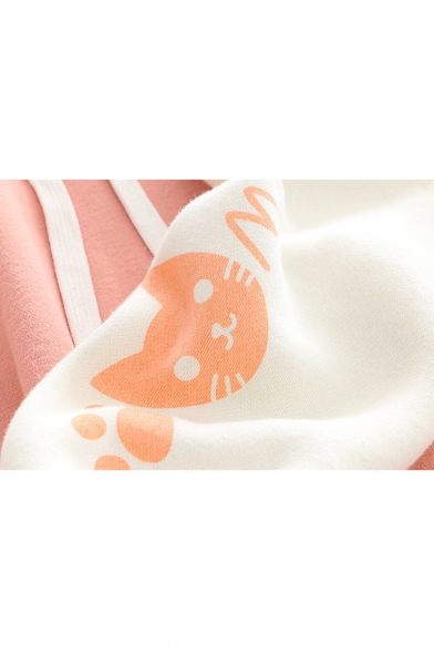 Cat Japanese Pattern Color Block Long Sleeve Casual Hoodie