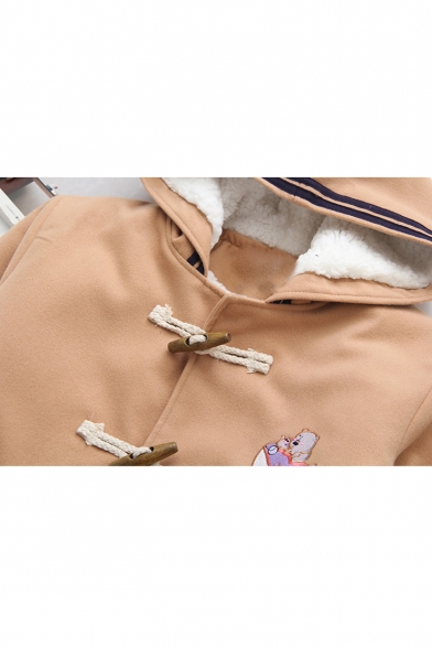 Cute Bear Embroidered Long Sleeve Button Front Plush Lined Hooded Coat