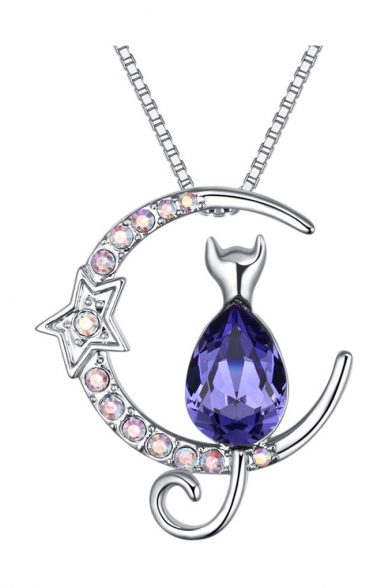 Diamante Cat Star Moon Sliver Chain Necklace Gift
