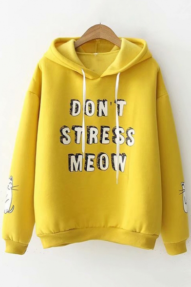 DON'T STRESS MEOW Letter Print Long Sleeve Loose Hoodie