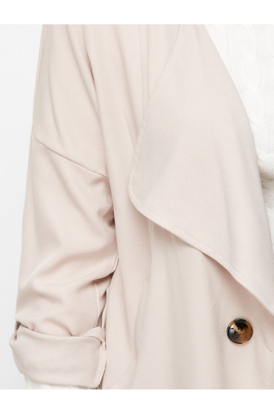 Lapel Collar Long Sleeve Button Front Plain Trench Coat