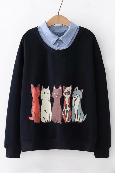 Leisure Contrast Lapel Collar Cartoon Cat Print Long Sleeve Sweatshirt