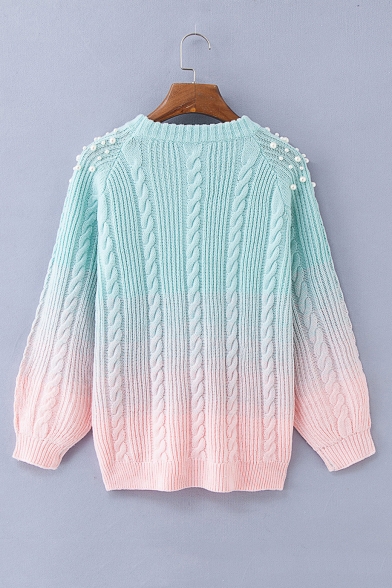 Pearl Embellished Ombre Round Neck Long Sleeve Twist Sweater
