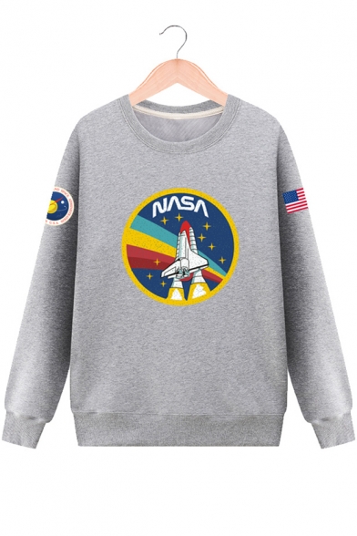 Rocket Letter Graphic Pattern Round Neck Long Sleeve Pullover Sweatshirt