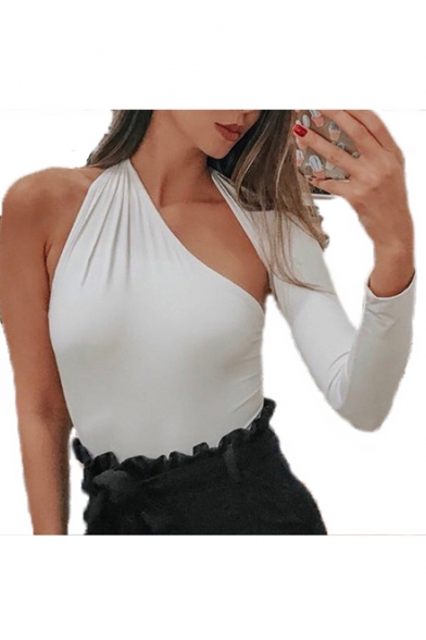 Sexy Hollow Out One Shoulder Plain Long Sleeve Slim Bodysuit