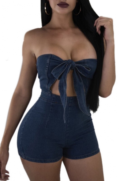 Sexy Sleeveless Strapless Bow Tie Front Hollow Out Zip Up Back Skinny Denim Romper