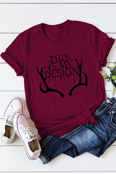THIS IS MY DESIGN Letter Antlers Print Round Neck Short Sleeve T-Shirt