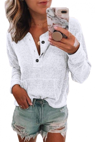 V Neck Long Sleeve Button Front Leisure T-Shirt with Pocket