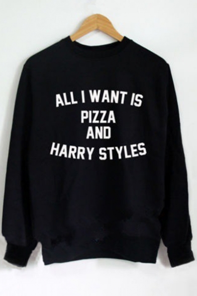 ALL I WANT IS PIZZA Letter Print Round Neck Long Sleeve Sweatshirt