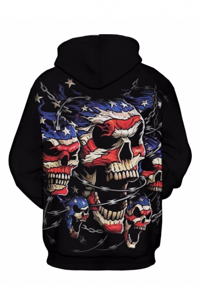 American Flag Skull Print Long Sleeve Loose Hoodie
