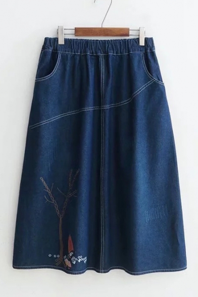 Cartoon Girl Tree Embroidered Elastic Waist Contrast Stitching Midi A-Line Denim Skirt