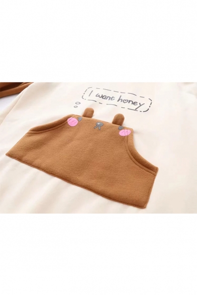 Color Block Bear Pattern Letter Print Long Sleeve Tunic Hoodie