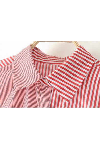 Contrast Striped Panel Long Sleeve Lapel Collar Button Closure Unbalanced Shirt