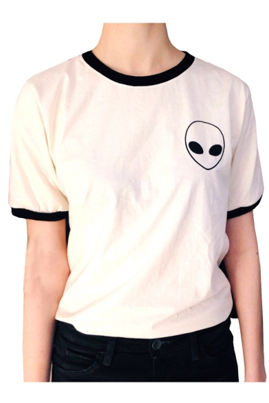 

Contrast Trim Alien Pattern Round Neck Short Sleeve T-Shirt, LC487912