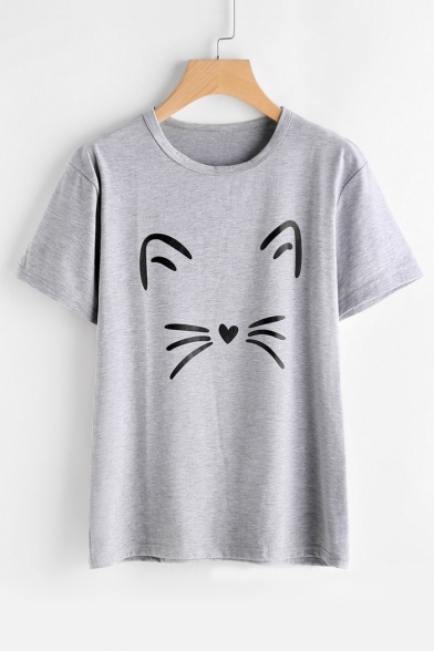 Cute Heart Cat Pattern Round Neck Short Sleeve Casual T-Shirt