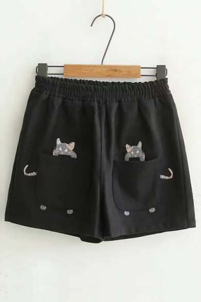 Elastic Waist Cat Embroidered Loose Woolen Shorts