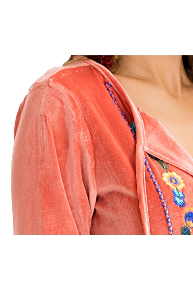 Floral Embroidered V Neck Long Sleeve Velvet Mini A-Line Dress
