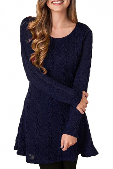 Plain Twist Detail Round Neck Long Sleeve Mini Sweater Dress