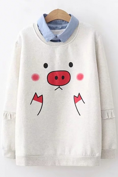 Lovely Contrast Lapel Collar Pig Print Long Sleeve Casual Layered Sweatshirt