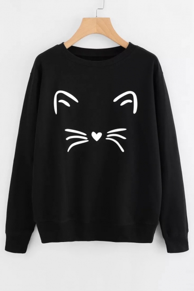 Lovely Heart Cat Print Round Neck Long Sleeve Pullover Sweatshirt