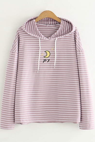 Moon Embroidered Striped Long Sleeve Casual Hoodie