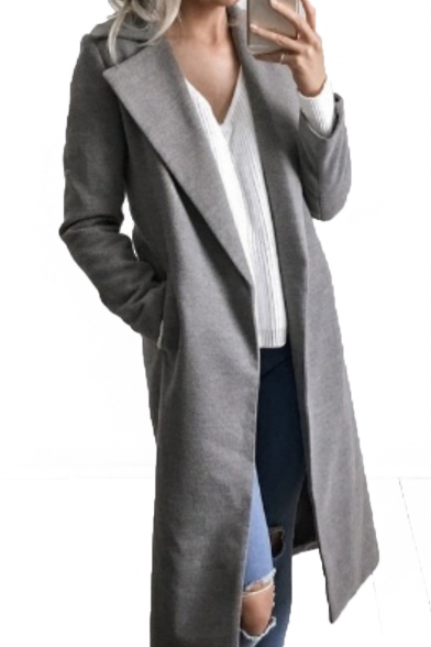 Notched Lapel Collar Long Sleeve Plain Tunic Woolen Coat for Woman