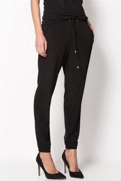 Office Lady Drawstring Waist Plain Cropped Tapered Pants