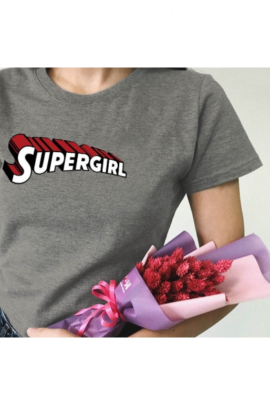 SUPER GIRL Letter Print Round Neck Short Sleeve T-Shirt