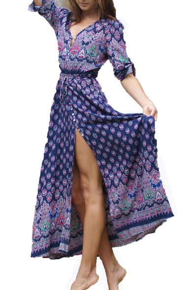 V Neck Bohemia Floral Print 3/4 Length Sleeve Split Front Maxi Beach Dress
