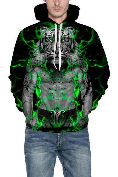 3D Fire Tiger Print Long Sleeve Unisex Hoodie